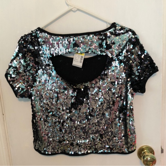 Sequin Silver Crop Top Size M - Picture 2 of 3